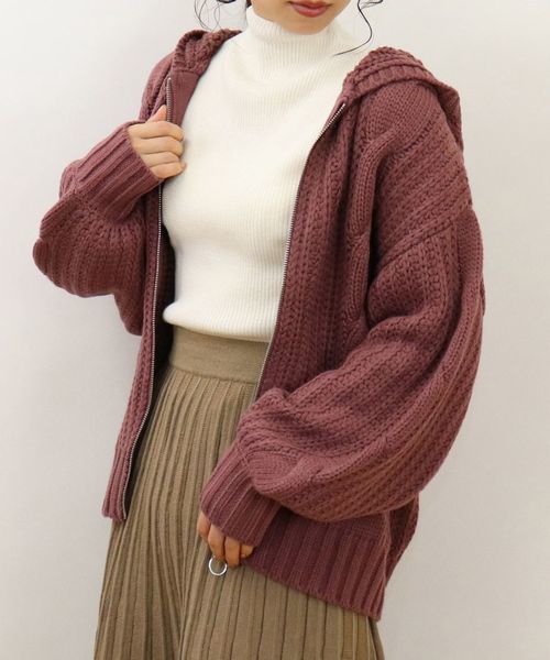 tiptop（ティップトップ）の「ケーブル編みジップフーディー（パーカー・レディース・アイボリー/ブラウン/グレイッシュベージュ/スモークピンク・FREE）」の14枚目の写真