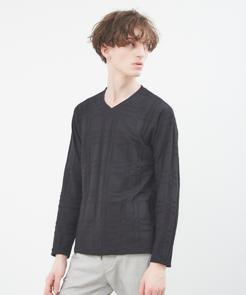 ABAHOUSE GRAY(アバハウスグレイ)の「【展開店舗限定】チェック ジャガード Vネック 長袖 Tシャツ(Tシャツ/カットソー・メンズ・ホワイト/ネイビー/ブラック/グリーン/ボルドー・46/48)」の3枚目の写真