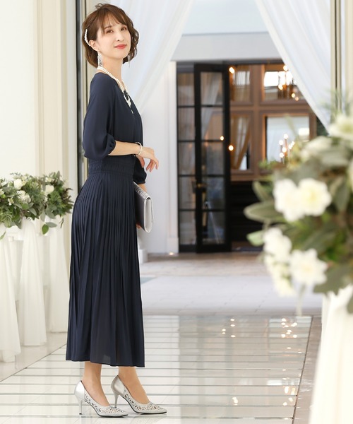 PourVous(プールヴー)の「結婚式 ワンピースドレス ロング と 袖あり ブラウジング プリーツ フォーマル オケージョンドレス お呼ばれ 二次会 成人式 (ドレス・レディース・ネイビー/ピンク/ブラウン・M/L)」の8枚目の写真