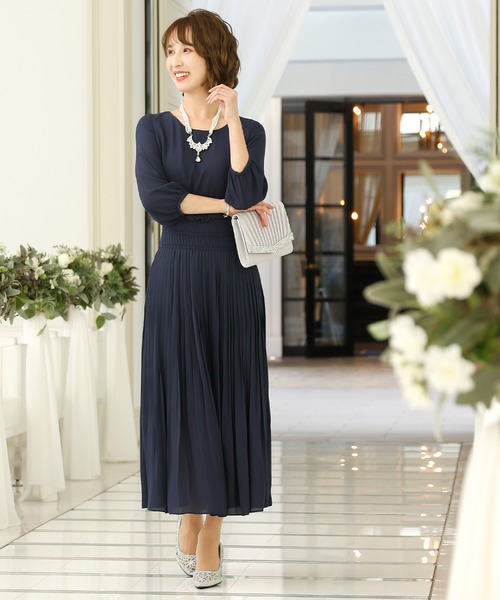 結婚式ワンピースドレスロングと袖ありブラウジングプリーツフォーマル
