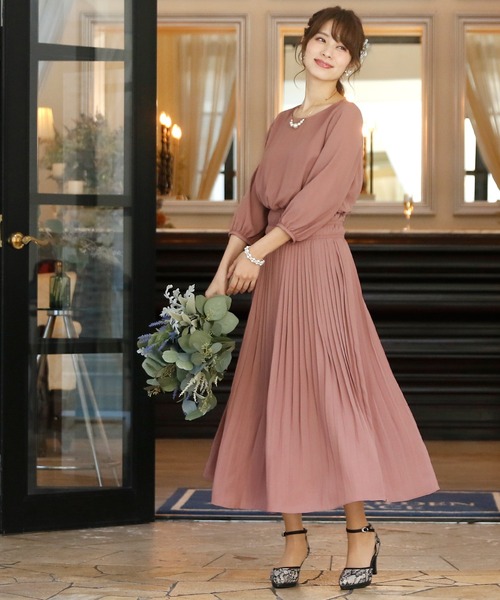 PourVous(プールヴー)の「結婚式 ワンピースドレス ロング と 袖あり ブラウジング プリーツ フォーマル オケージョンドレス お呼ばれ 二次会 成人式 (ドレス・レディース・ネイビー/ピンク/ブラウン・M/L)」の9枚目の写真