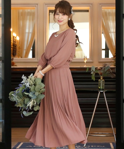 結婚式ワンピースドレスロングと袖ありブラウジングプリーツ 結婚式ワンピースドレスロングと袖ありブラウジングプリーツ
