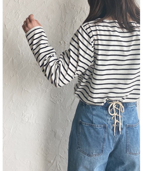 She's Closet（シーズクローゼット）の「ボーダー 長袖 ロングTシャツ（Tシャツ/カットソー・レディース・ホワイト/ライトブルー/ピンク/オレンジ/ブルー・FREE）」の8枚目の写真