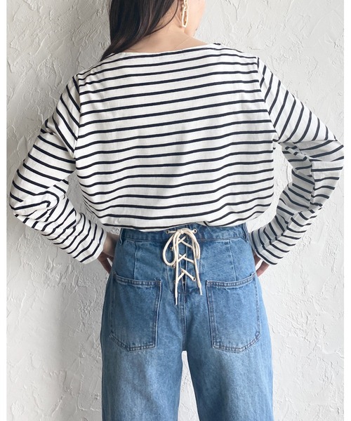 She's Closet（シーズクローゼット）の「ボーダー 長袖 ロングTシャツ（Tシャツ/カットソー・レディース・ホワイト/ライトブルー/ピンク/オレンジ/ブルー・FREE）」の7枚目の写真