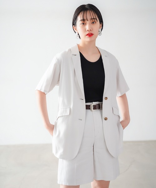 PAGEBOY(ページボーイ)の「クリアリネンショートスリーブジャケット (セットアップ対応)(セットアップ・レディース・ブラック/ブラウン系その他/グレイッシュベージュ・FREE)」の16枚目の写真