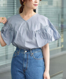 Ray BEAMS | Ray BEAMS / ギャザー フリルスリーブ Vネック ブラウス(シャツ/ブラウス)