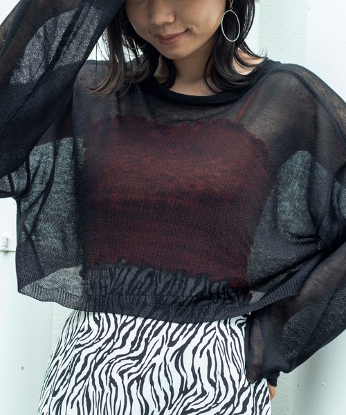 WEGO（ウィゴー）の「WEGO/シアーショートニット（ニット/セーター・レディース・オフホワイト/サックスブルー/オレンジ/ブラック・FREE）」の2枚目の写真