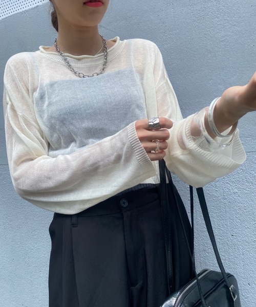 WEGO（ウィゴー）の「WEGO/シアーショートニット（ニット/セーター・レディース・オフホワイト/サックスブルー/オレンジ/ブラック・FREE）」の19枚目の写真