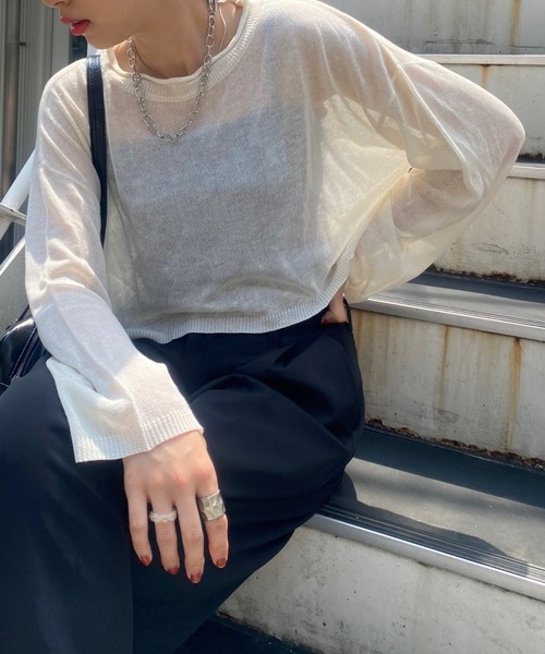 WEGO（ウィゴー）の「WEGO/シアーショートニット（ニット/セーター・レディース・オフホワイト/サックスブルー/オレンジ/ブラック・FREE）」の7枚目の写真