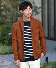 SHIPS:〈手洗い可能〉ミドルゲージ ランダムアラン ショールカラー カーディガン