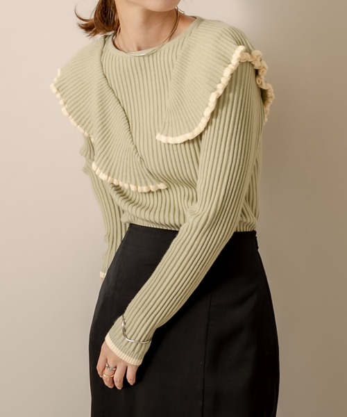 mline（エムライン）の「[mline] WEB限定 配色フリルニット（ニット/セーター・レディース・ブラック/グリーン/アイボリー・FREE）」の3枚目の写真