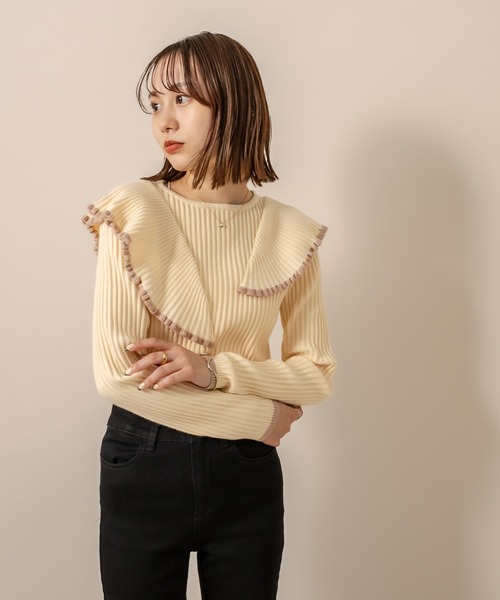 mline（エムライン）の「[mline] WEB限定 配色フリルニット（ニット/セーター・レディース・ブラック/グリーン/アイボリー・FREE）」の8枚目の写真