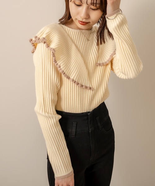 mline（エムライン）の「[mline] WEB限定 配色フリルニット（ニット/セーター・レディース・ブラック/グリーン/アイボリー・FREE）」の5枚目の写真