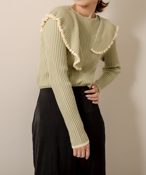 mline（エムライン）の「[mline] WEB限定 配色フリルニット（ニット/セーター・レディース・ブラック/グリーン/アイボリー・FREE）」の9枚目の写真