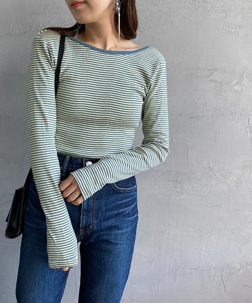 MILLER（ミラー）の「[MILLER/ミラー] カップ付き バックコンシャス ロングスリーブボーダーリブTシャツ（Tシャツ/カットソー・レディース・オフホワイト/ブラウン/グリーン/ブルー/オレンジ/グリーン系2・F）」の5枚目の写真