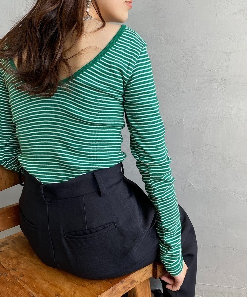 MILLER（ミラー）の「[MILLER/ミラー] カップ付き バックコンシャス ロングスリーブボーダーリブTシャツ（Tシャツ/カットソー・レディース・オフホワイト/ブラウン/グリーン/ブルー/オレンジ/グリーン系2・F）」の3枚目の写真