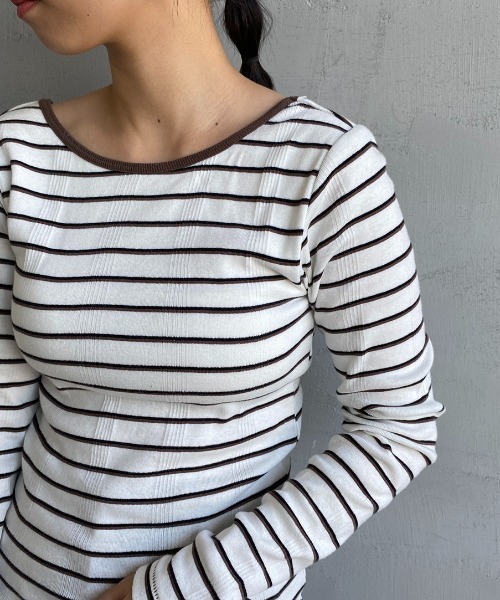 MILLER（ミラー）の「[MILLER/ミラー] カップ付き バックコンシャス ロングスリーブボーダーリブTシャツ（Tシャツ/カットソー・レディース・オフホワイト/ブラウン/グリーン/ブルー/オレンジ/グリーン系2・F）」の12枚目の写真