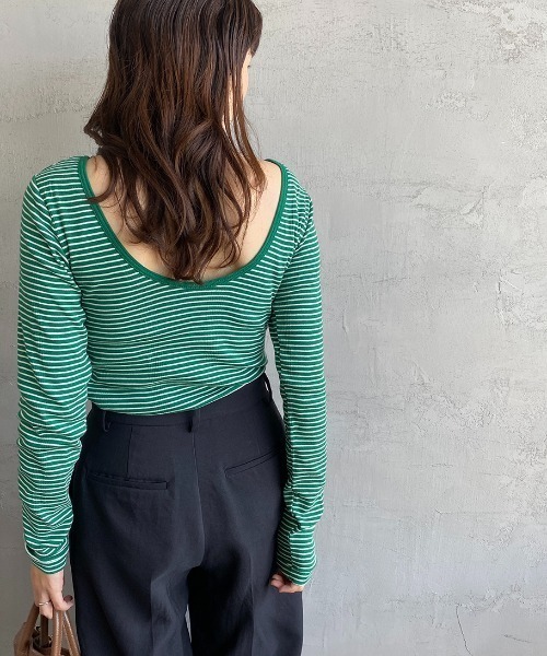 MILLER（ミラー）の「[MILLER/ミラー] カップ付き バックコンシャス ロングスリーブボーダーリブTシャツ（Tシャツ/カットソー・レディース・オフホワイト/ブラウン/グリーン/ブルー/オレンジ/グリーン系2・F）」の9枚目の写真