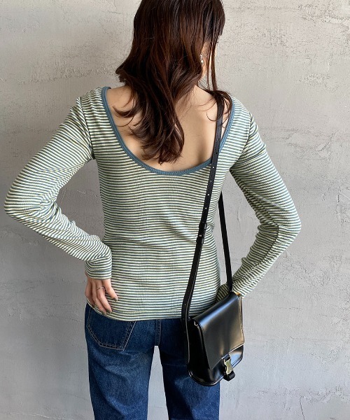 MILLER（ミラー）の「[MILLER/ミラー] カップ付き バックコンシャス ロングスリーブボーダーリブTシャツ（Tシャツ/カットソー・レディース・オフホワイト/ブラウン/グリーン/ブルー/オレンジ/グリーン系2・F）」の18枚目の写真