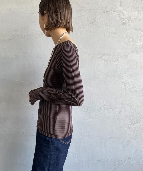 MILLER（ミラー）の「[MILLER/ミラー] カップ付き バックコンシャス ロングスリーブボーダーリブTシャツ（Tシャツ/カットソー・レディース・オフホワイト/ブラウン/グリーン/ブルー/オレンジ/グリーン系2・F）」の8枚目の写真