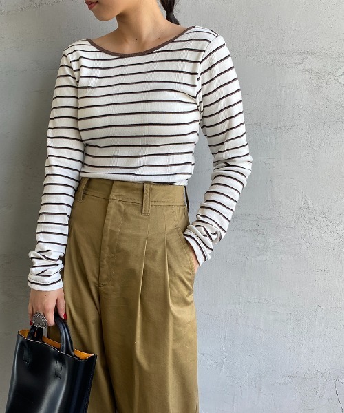 MILLER（ミラー）の「[MILLER/ミラー] カップ付き バックコンシャス ロングスリーブボーダーリブTシャツ（Tシャツ/カットソー・レディース・オフホワイト/ブラウン/グリーン/ブルー/オレンジ/グリーン系2・F）」の11枚目の写真