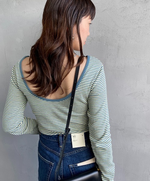 MILLER（ミラー）の「[MILLER/ミラー] カップ付き バックコンシャス ロングスリーブボーダーリブTシャツ（Tシャツ/カットソー・レディース・オフホワイト/ブラウン/グリーン/ブルー/オレンジ/グリーン系2・F）」の10枚目の写真