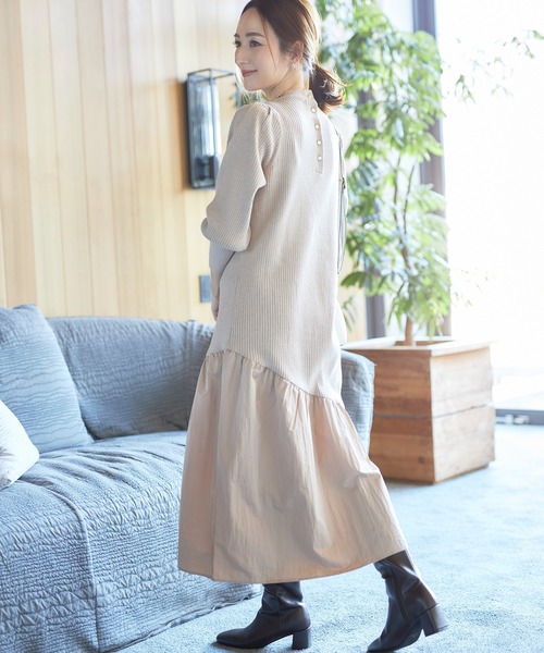 VIS（ビス）の「【星玲奈さんコラボ】スリーブコンシャスアシンメトリー切り替えニットワンピース（ワンピース・レディース・ライトグリーン/ベージュ/ブラック・FREE）」の6枚目の写真