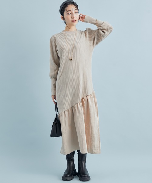 VIS（ビス）の「【星玲奈さんコラボ】スリーブコンシャスアシンメトリー切り替えニットワンピース（ワンピース・レディース・ライトグリーン/ベージュ/ブラック・FREE）」の13枚目の写真