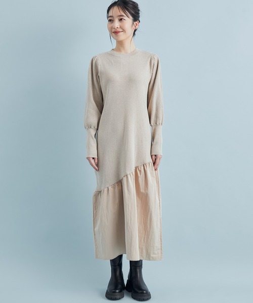 VIS（ビス）の「【星玲奈さんコラボ】スリーブコンシャスアシンメトリー切り替えニットワンピース（ワンピース・レディース・ライトグリーン/ベージュ/ブラック・FREE）」の15枚目の写真