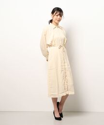 ウエスト紐　ロングシャツワンピース