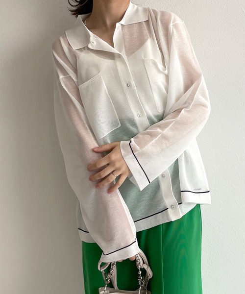 w closet（ダブルクローゼット）の「シアー襟付き配色ラインカーディガン（カーディガン/ボレロ・レディース・オフホワイト/ピンク/グリーン系その他・FREE）」の2枚目の写真