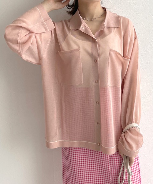 w closet（ダブルクローゼット）の「シアー襟付き配色ラインカーディガン（カーディガン/ボレロ・レディース・オフホワイト/ピンク/グリーン系その他・FREE）」の3枚目の写真