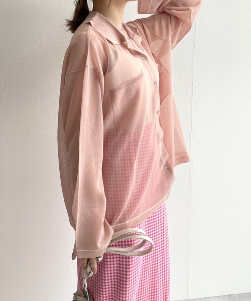 w closet（ダブルクローゼット）の「シアー襟付き配色ラインカーディガン（カーディガン/ボレロ・レディース・オフホワイト/ピンク/グリーン系その他・FREE）」の6枚目の写真