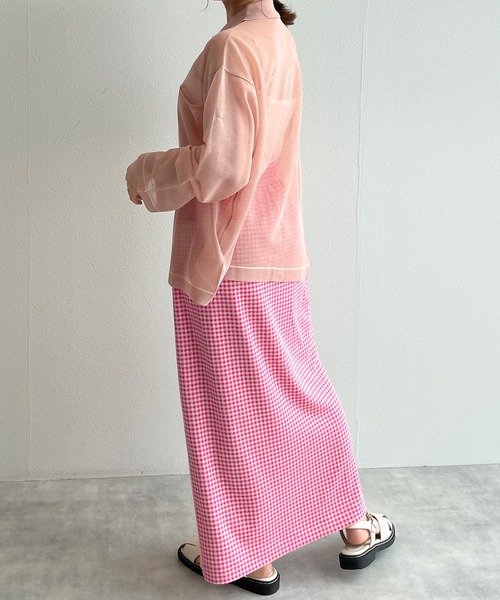 w closet（ダブルクローゼット）の「シアー襟付き配色ラインカーディガン（カーディガン/ボレロ・レディース・オフホワイト/ピンク/グリーン系その他・FREE）」の10枚目の写真