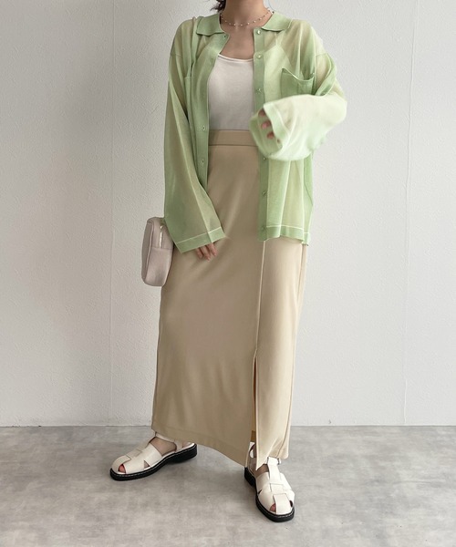 w closet（ダブルクローゼット）の「シアー襟付き配色ラインカーディガン（カーディガン/ボレロ・レディース・オフホワイト/ピンク/グリーン系その他・FREE）」の13枚目の写真