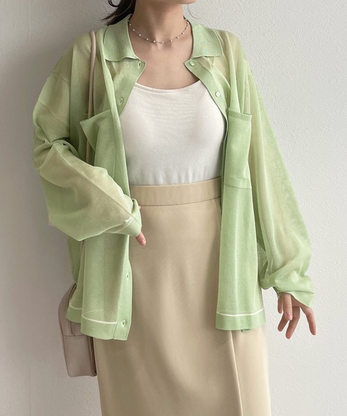 w closet（ダブルクローゼット）の「シアー襟付き配色ラインカーディガン（カーディガン/ボレロ・レディース・オフホワイト/ピンク/グリーン系その他・FREE）」の14枚目の写真