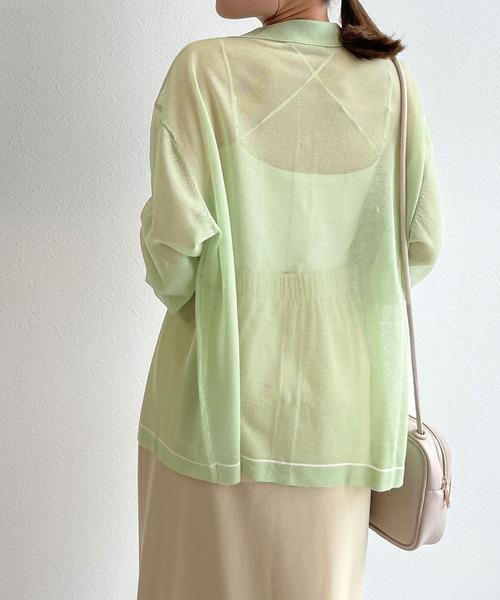 w closet（ダブルクローゼット）の「シアー襟付き配色ラインカーディガン（カーディガン/ボレロ・レディース・オフホワイト/ピンク/グリーン系その他・FREE）」の16枚目の写真