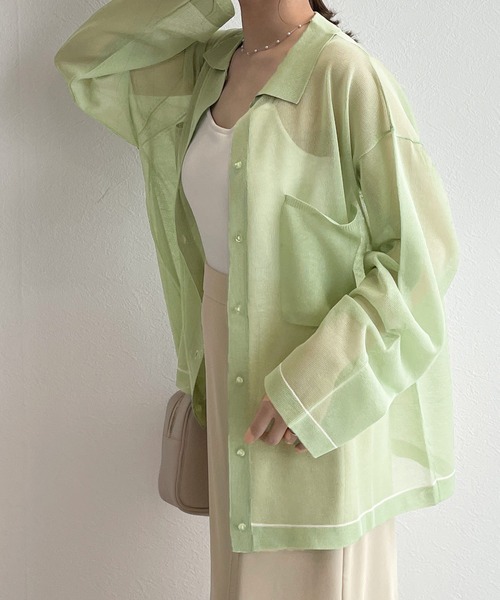 w closet（ダブルクローゼット）の「シアー襟付き配色ラインカーディガン（カーディガン/ボレロ・レディース・オフホワイト/ピンク/グリーン系その他・FREE）」の18枚目の写真