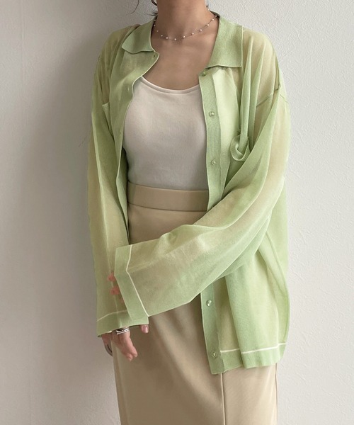 w closet（ダブルクローゼット）の「シアー襟付き配色ラインカーディガン（カーディガン/ボレロ・レディース・オフホワイト/ピンク/グリーン系その他・FREE）」の19枚目の写真