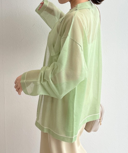 w closet（ダブルクローゼット）の「シアー襟付き配色ラインカーディガン（カーディガン/ボレロ・レディース・オフホワイト/ピンク/グリーン系その他・FREE）」の20枚目の写真