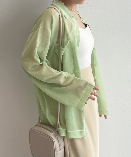 w closet（ダブルクローゼット）の「シアー襟付き配色ラインカーディガン（カーディガン/ボレロ・レディース・オフホワイト/ピンク/グリーン系その他・FREE）」の22枚目の写真