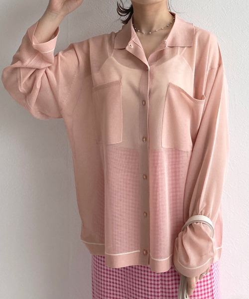 w closet（ダブルクローゼット）の「シアー襟付き配色ラインカーディガン（カーディガン/ボレロ・レディース・オフホワイト/ピンク/グリーン系その他・FREE）」の12枚目の写真