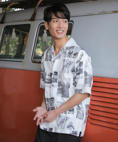 UNION STATION（ユニオンステーション）の「ジョーゼットマテリアル フォトプリントオープンカラーシャツ（シャツ/ブラウス・メンズ・ホワイト/ブラック・LL/L/M）」の2枚目の写真