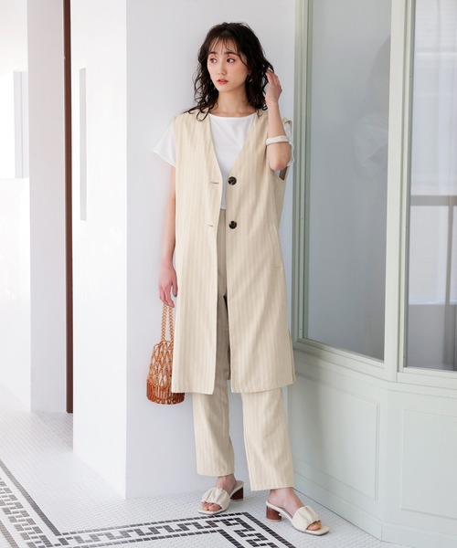 GeeRA(ジーラ)の「ストライプ柄ロングジレ(ベスト・レディース・ベージュ/キャメル・LARGE/MEDIUM)」の3枚目の写真