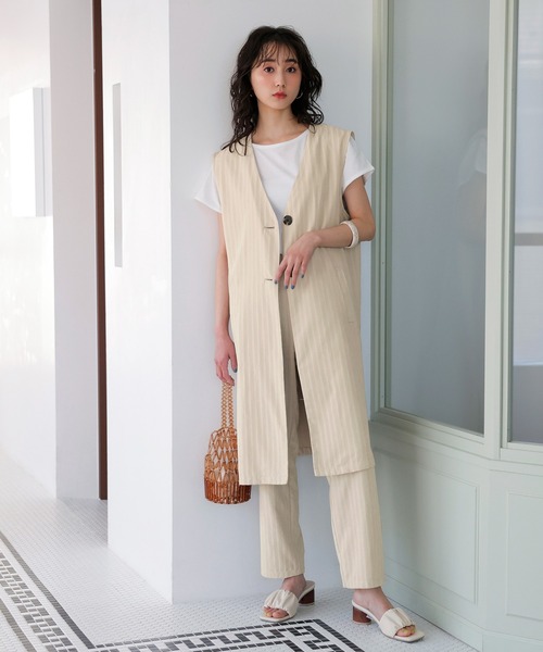 GeeRA(ジーラ)の「ストライプ柄ロングジレ(ベスト・レディース・ベージュ/キャメル・LARGE/MEDIUM)」の4枚目の写真