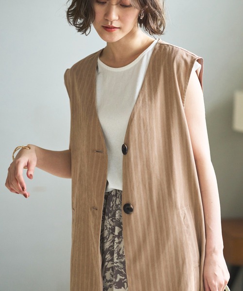 GeeRA(ジーラ)の「ストライプ柄ロングジレ(ベスト・レディース・ベージュ/キャメル・LARGE/MEDIUM)」の10枚目の写真
