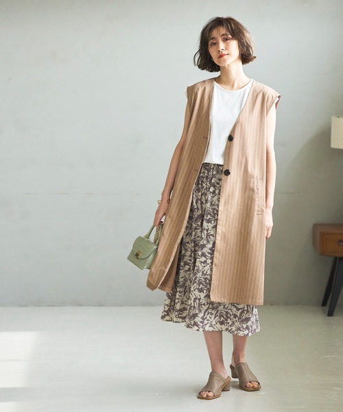 GeeRA(ジーラ)の「ストライプ柄ロングジレ(ベスト・レディース・ベージュ/キャメル・LARGE/MEDIUM)」の11枚目の写真