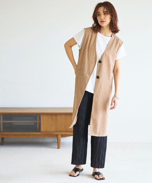 GeeRA(ジーラ)の「ストライプ柄ロングジレ(ベスト・レディース・ベージュ/キャメル・LARGE/MEDIUM)」の18枚目の写真