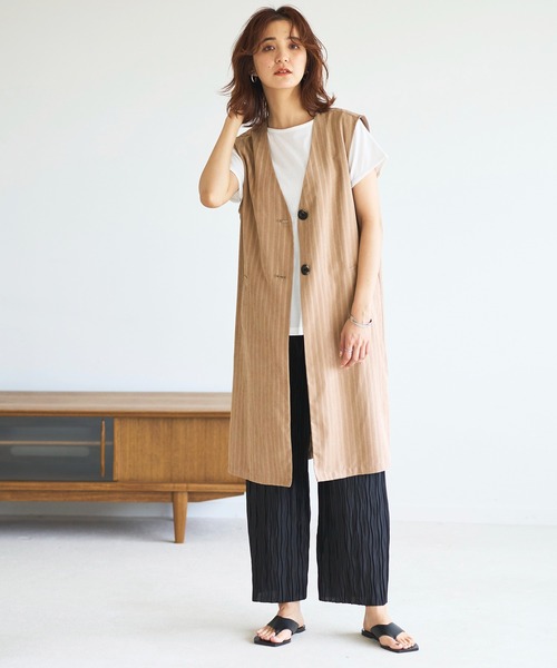 GeeRA(ジーラ)の「ストライプ柄ロングジレ(ベスト・レディース・ベージュ/キャメル・LARGE/MEDIUM)」の15枚目の写真