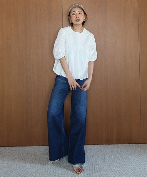 CREDONA（クレドナ）の「シャーリングハーフスリーブBL（シャツ/ブラウス・レディース・ブラック/オフホワイト・FREE）」の13枚目の写真